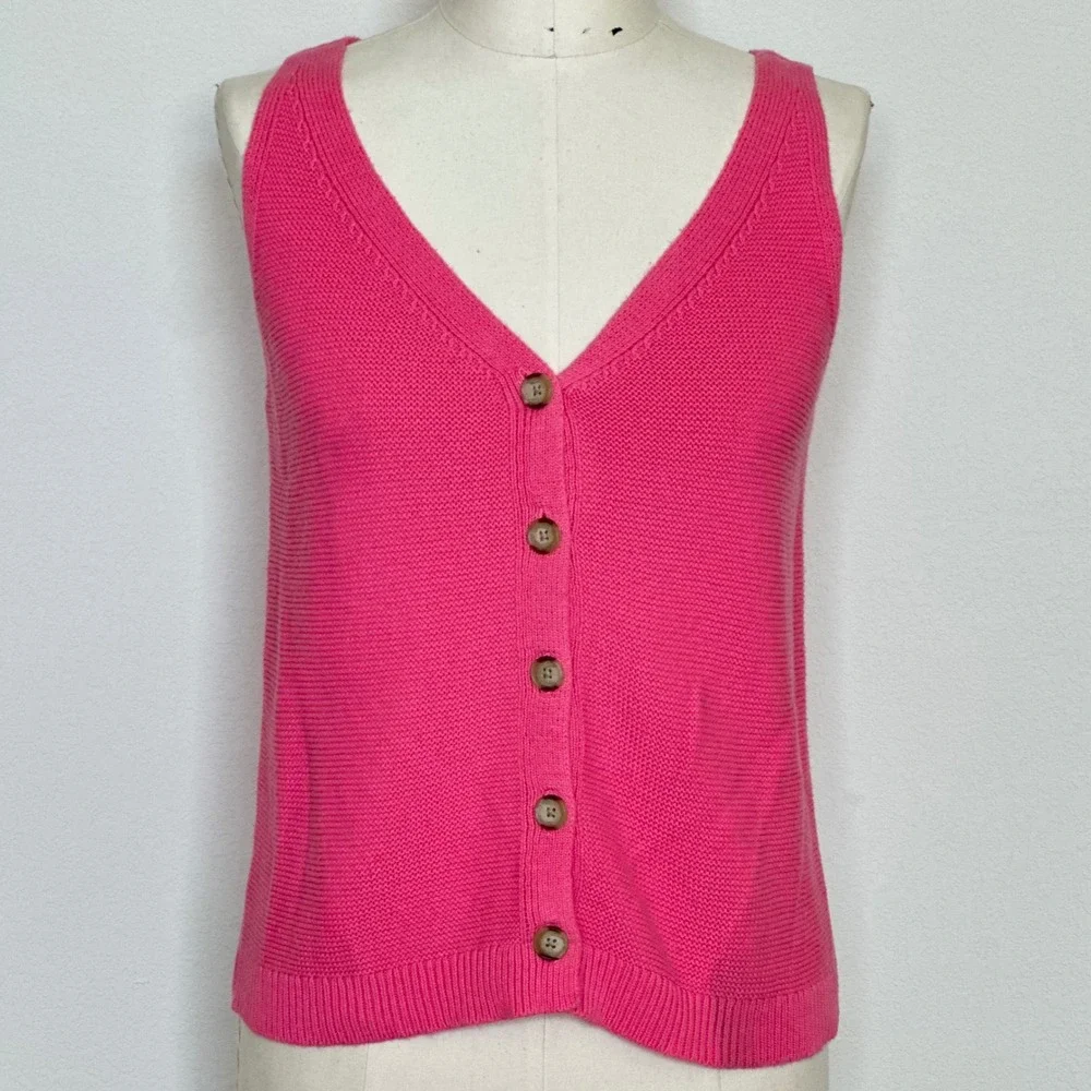 LOFT Pink Cotton Button Front Sweater Vest V-Neck‎ Garter Stitch Small